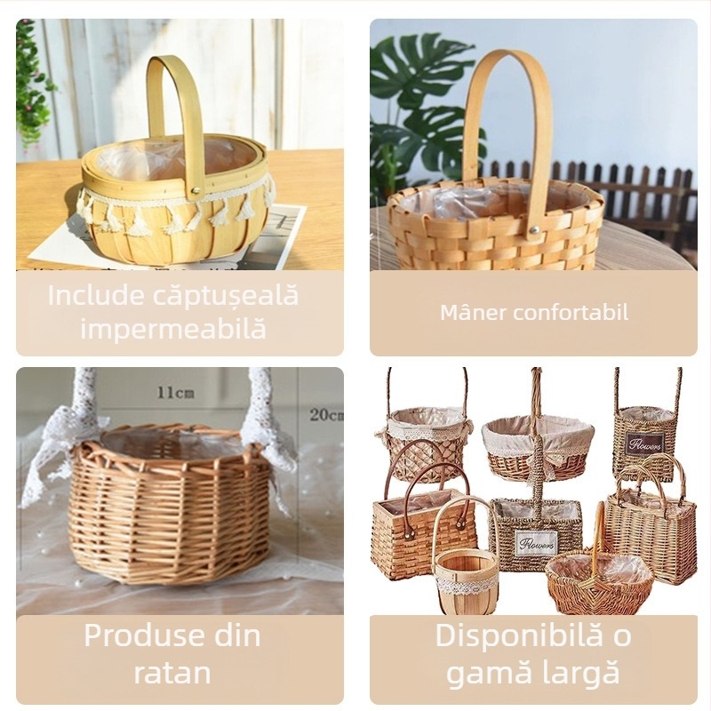 Coș de depozitare din ratan, personalizabil, decor elegant pentru birou cu aranjament floral, coș împletit