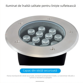 Lumină LED subterană circulară, corp din aluminiu turnat, capac din oțel inoxidabil, sticlă temperată, rezistentă la exterior