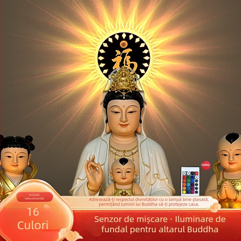 Sanctuar Buddha circular cu fundal norocos, statuetă Bodhisattva pentru altar, lampă LED decorativă cu încărcare USB și senzor de mișcare