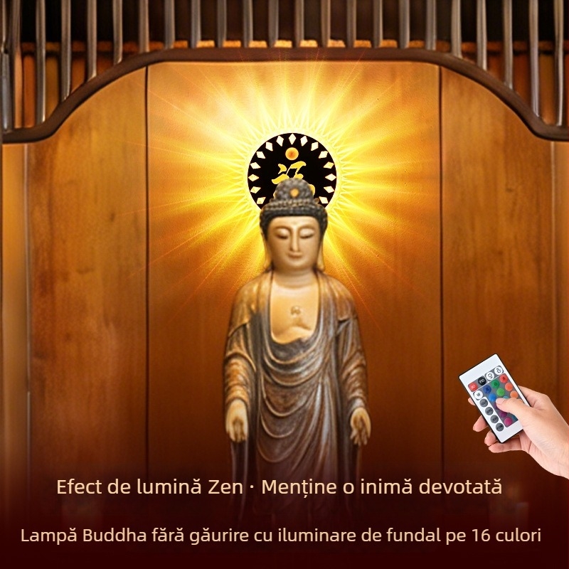 Sanctuar Buddha circular cu fundal norocos, statuetă Bodhisattva pentru altar, lampă LED decorativă cu încărcare USB și senzor de mișcare