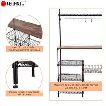 Raft din oțel vopsit cu pulbere negru, cu plasă metalică pentru bucătărie, 3 etaje, suport pentru cuptor cu microunde, pe podea