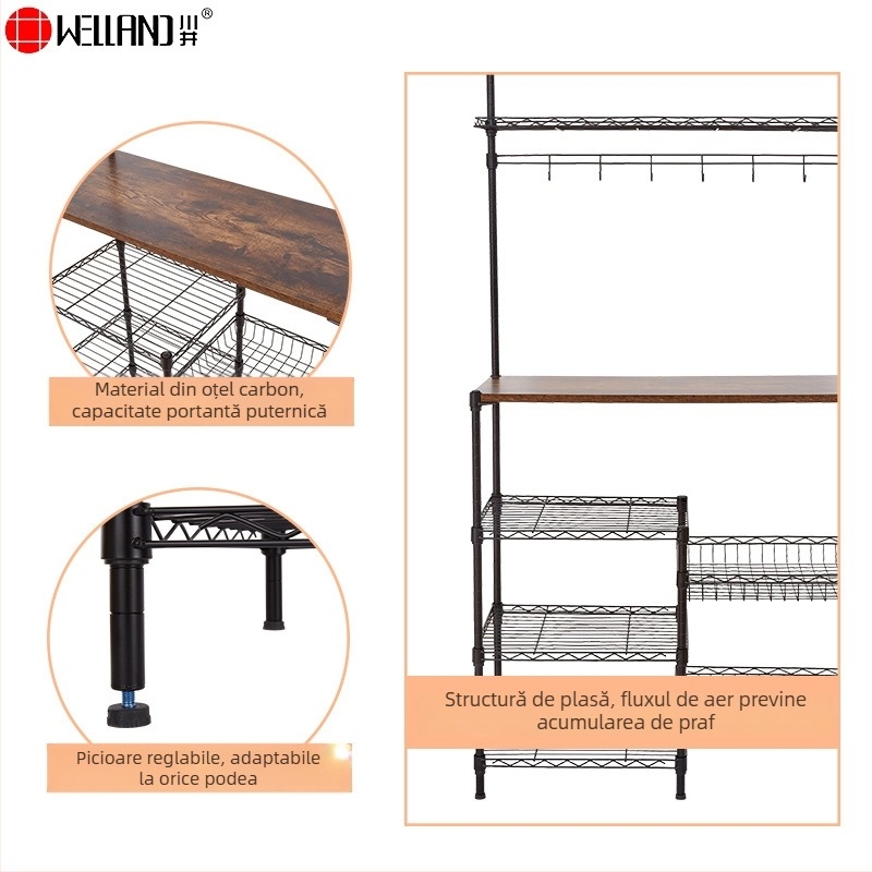 Raft din oțel vopsit cu pulbere negru, cu plasă metalică pentru bucătărie, 3 etaje, suport pentru cuptor cu microunde, pe podea