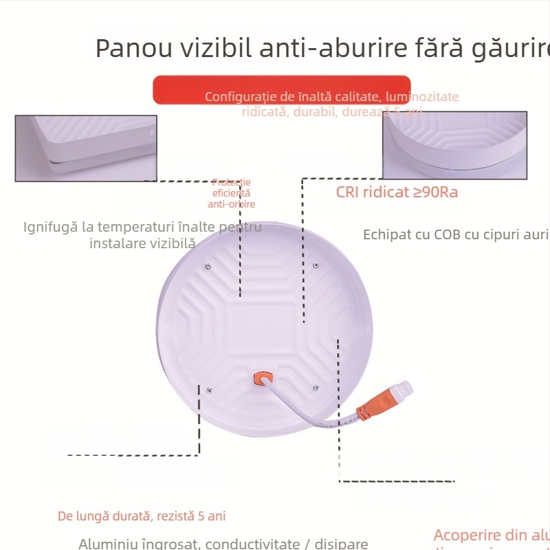 Panou LED fără ramă, montaj pe suprafață, downlight pentru plafon — rotund sau pătrat