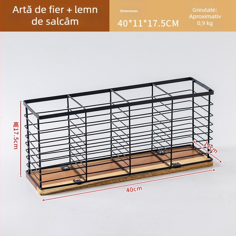 Raft de bucătărie din fier forjat și lemn de acacia — organizator cu mai multe compartimente pentru tacâmuri, bețișoare, sticlă de ulei și condimente