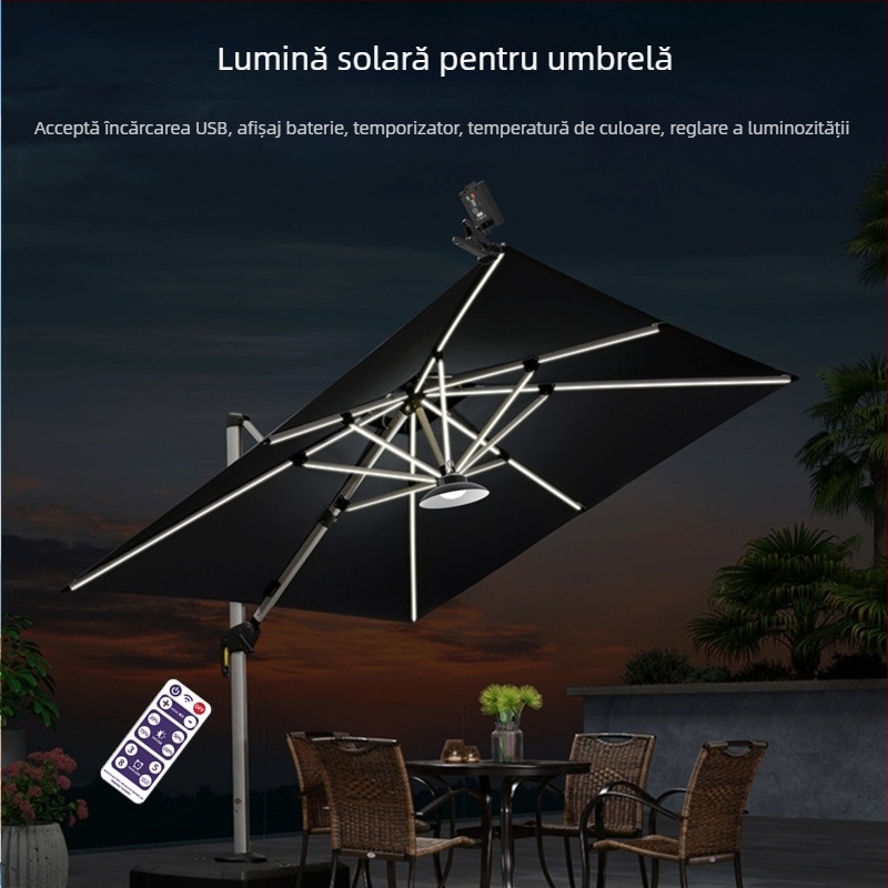 Lampa LED solară pentru umbrelă — portabilă, pentru camping, cort și umbrelă de plajă