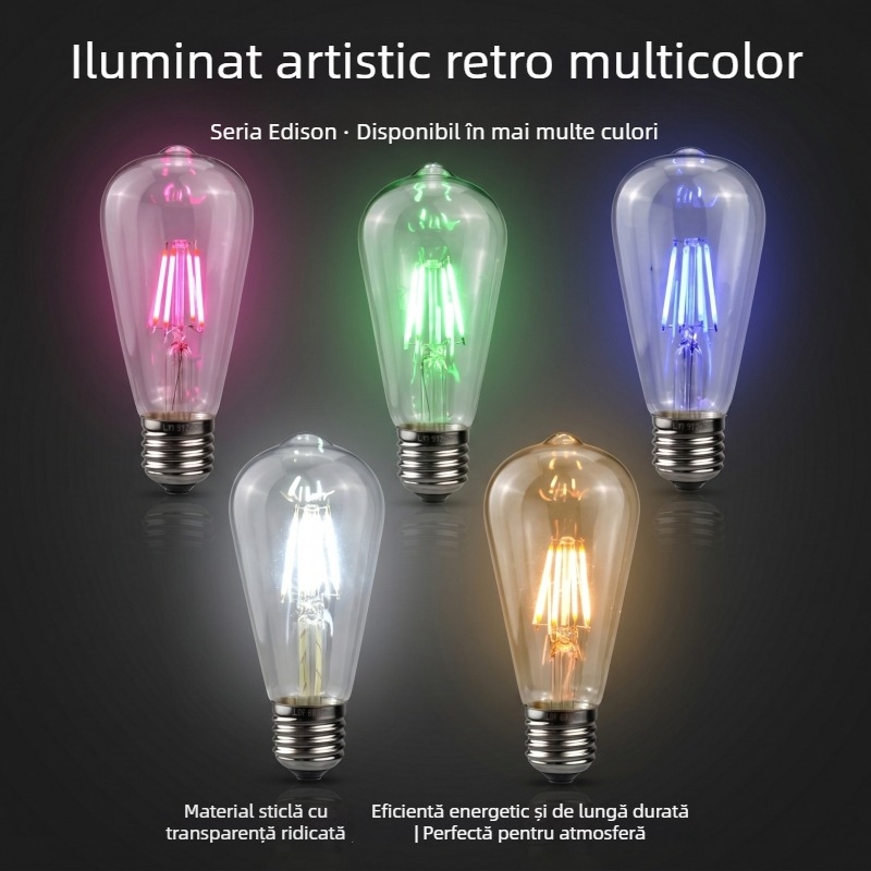 LED filament ST64 bec Edison colorat cu imitare de filament din tungsten, 220V, soclu E27, culori roșu/albastru/verde/roz