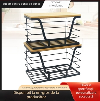 Raft de depozitare pe perete din fier și lemn pentru saci de gunoi de bucătărie și obiecte diverse