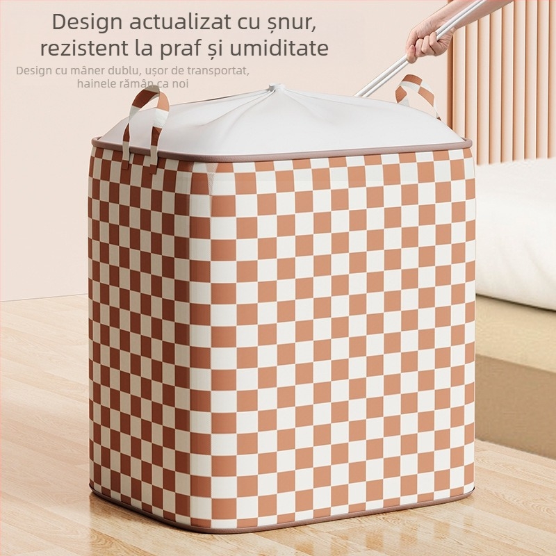 Coș de depozitare cu șnur, carouri bej-cafea, pentru haine, 90 L, lavabil, țesătură nețesută