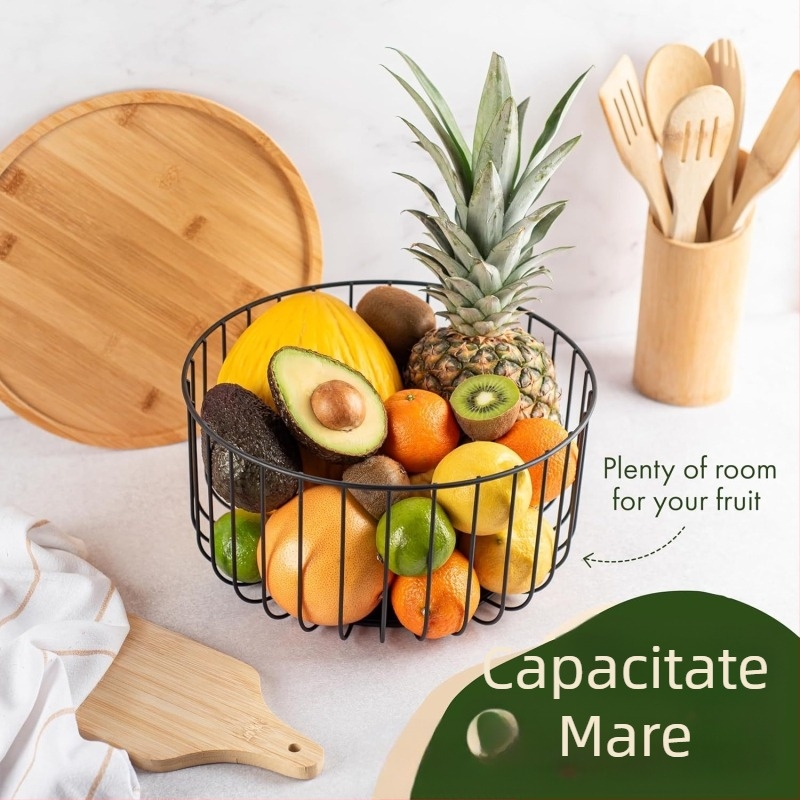 Coș de fructe din lemn cu tavă decorativă de prezentare pentru bucătărie, depozitare fructe și legume