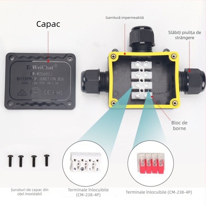 Cutie IP68 impermeabilă de distribuție pentru LED exterior, iluminat subacvatic/subteran, tip T, 1 intrare, 2 ieșiri, cutie din plastic neagră impermeabilă