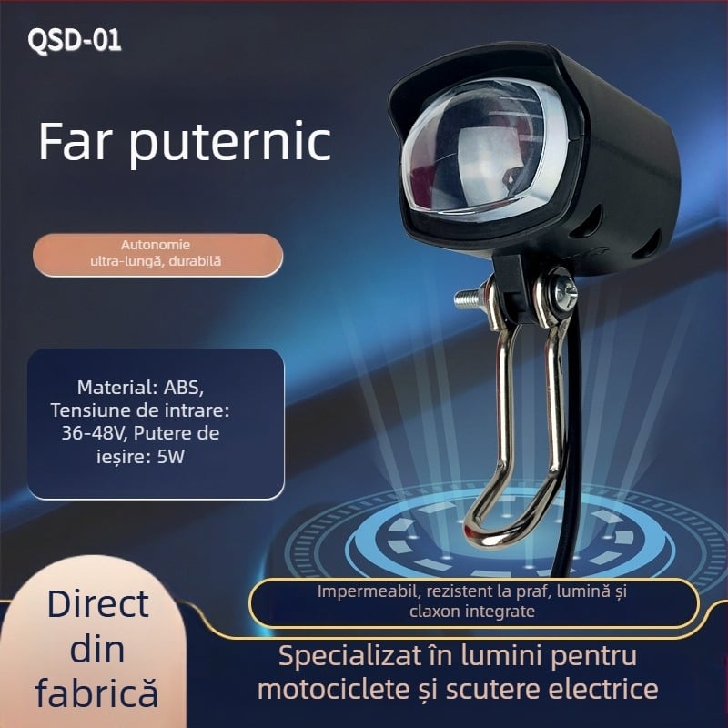 Lumină frontală pentru trotinetă pliabilă, far LED și claxon — două în unu, compatibil cu 36V/48V
