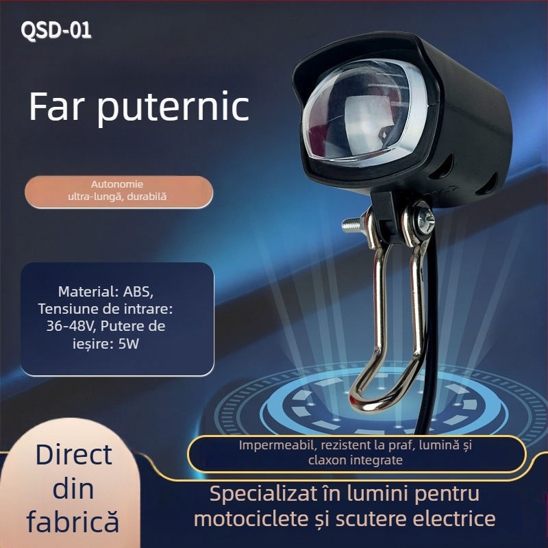 Lumină frontală pentru trotinetă pliabilă, far LED și claxon — două în unu, compatibil cu 36V/48V