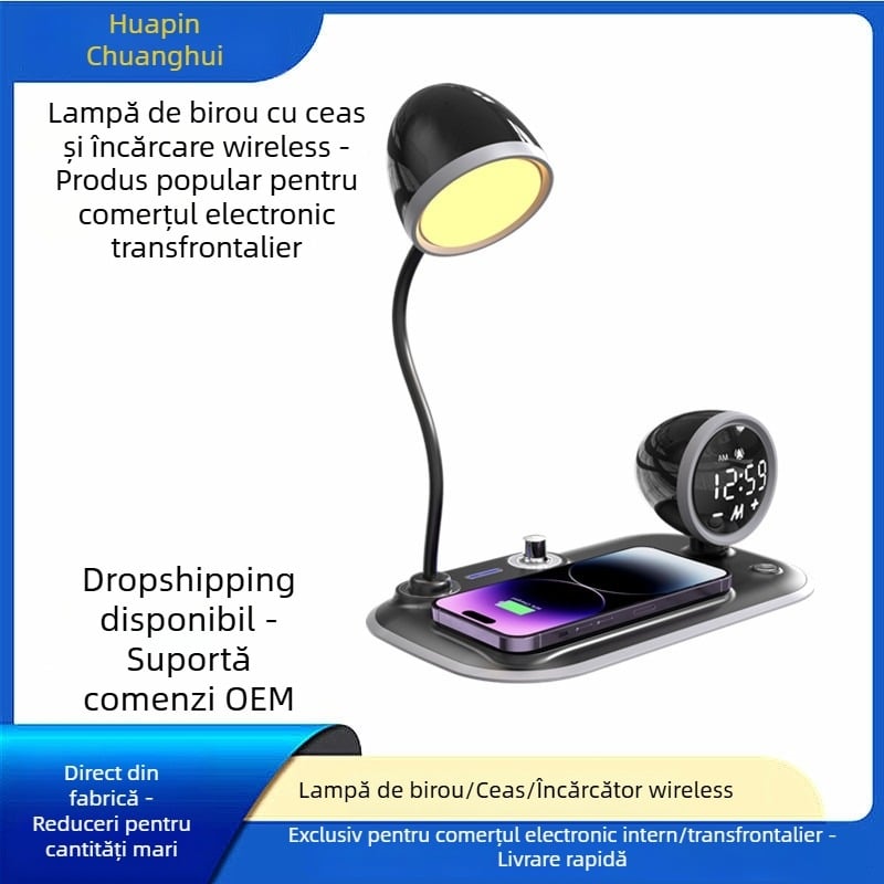 Lampă de birou trei în unu cu ceas, încărcare wireless, afișaj LED și lumină de noapte