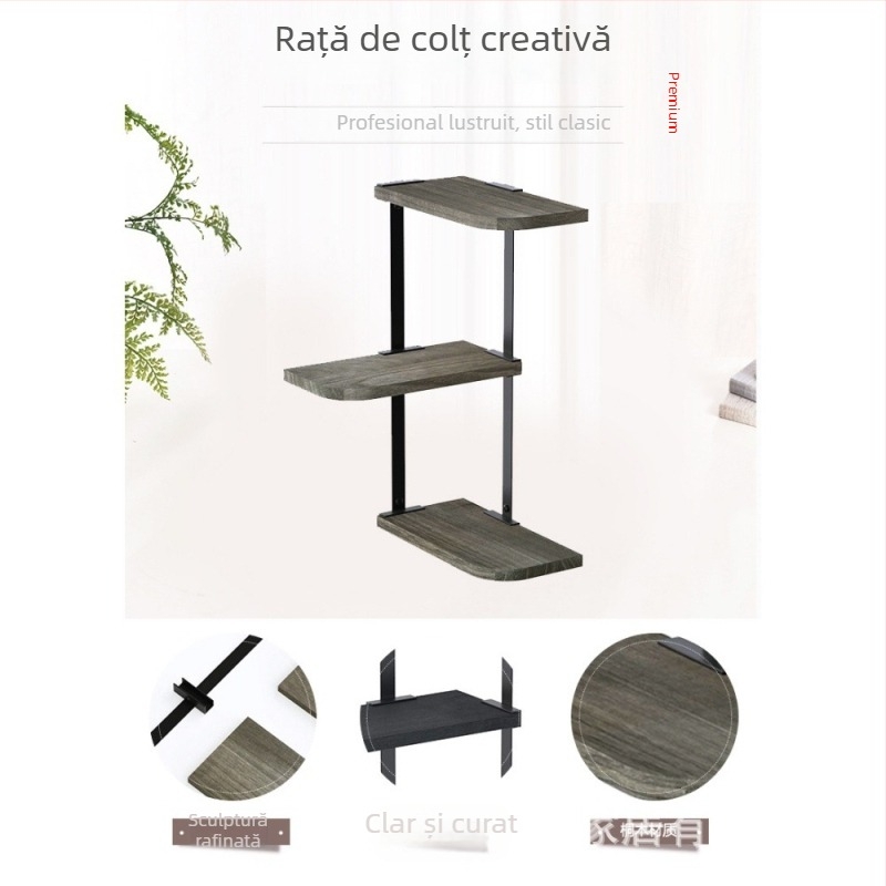 Raft de colț pentru depozitare, combinație metal-lemn, montat pe perete, trei etaje, pentru living și baie