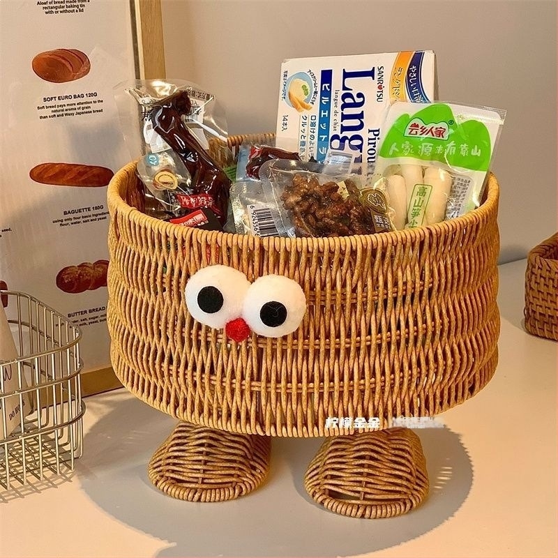 Tavă de fructe din ratan, țesută, cu o figurină drăguță galbenă, coș de depozitare pentru bucătărie și sufragerie