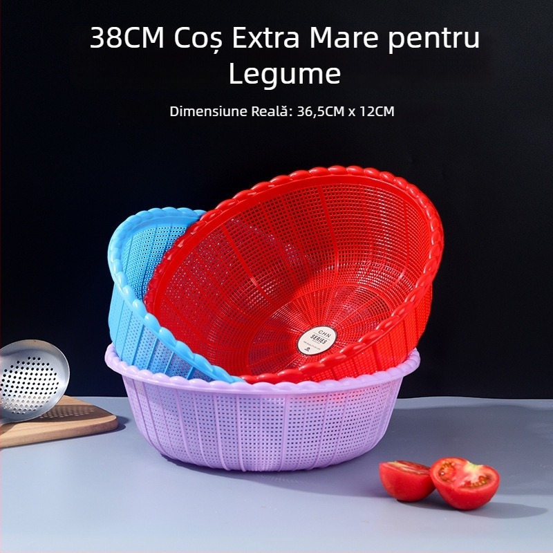 Coș rotund din plastic, 36 cm, pentru spălat și scurgerea legumelor și fructelor, cu margine dantelată