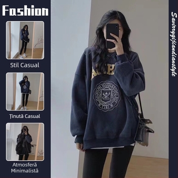Pulover de damă fără glugă, căptușit cu fleece, croială lejeră, imprimeu cu litere, toamnă-iarnă, stil american, 2024 noul model