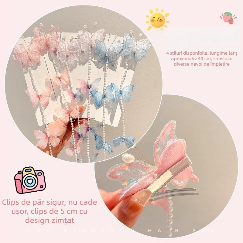 Ac de păr pentru copii cu lanț împletit, clips cu funda, perle și ciucuri, stil prințesă