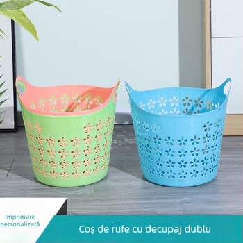 Coș de rufe din plastic cu mâner, 37×37 cm, motif floare de prune, depozitare simplă