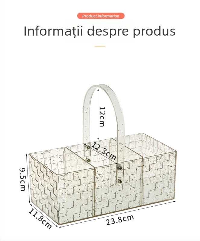 Cos de picnic transparent cu accente aurii, coșuleț mic portabil pentru fructe și gustări