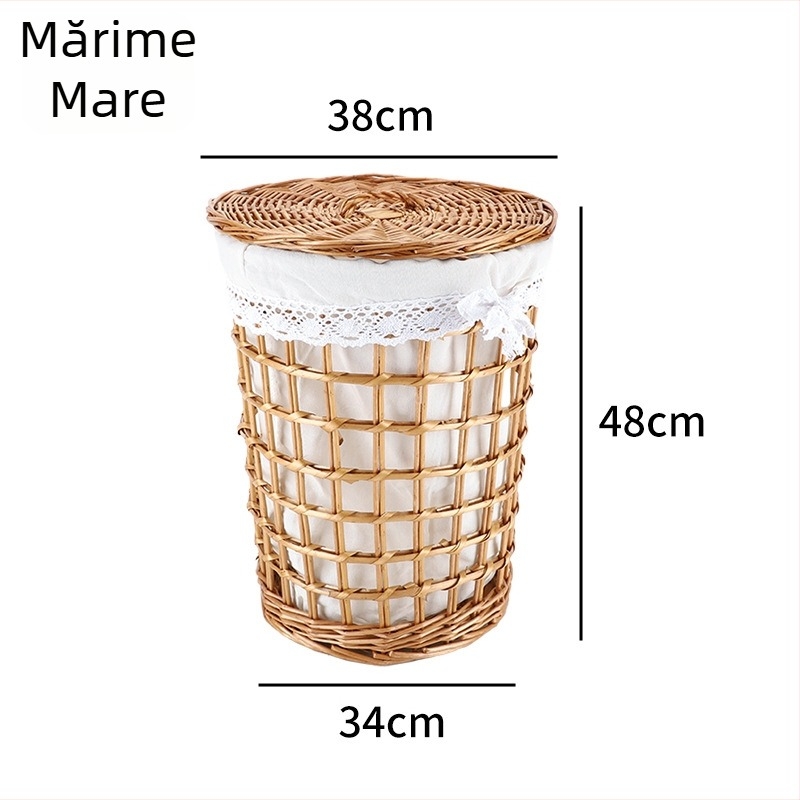 Coș rotund din ratan pentru haine murdare, împletit manual, coș de depozitare adânc pentru spălătorie, dimensiune mare