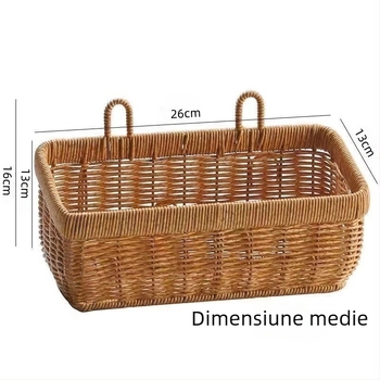 Coș de depozitare multifuncțional, montat pe perete, împletit din ratan, cu design de ceapă verde, ghimbir și usturoi; potrivit pentru bucătărie, baie și dormitor, pe perete sau ca coș decorativ pentru flori.