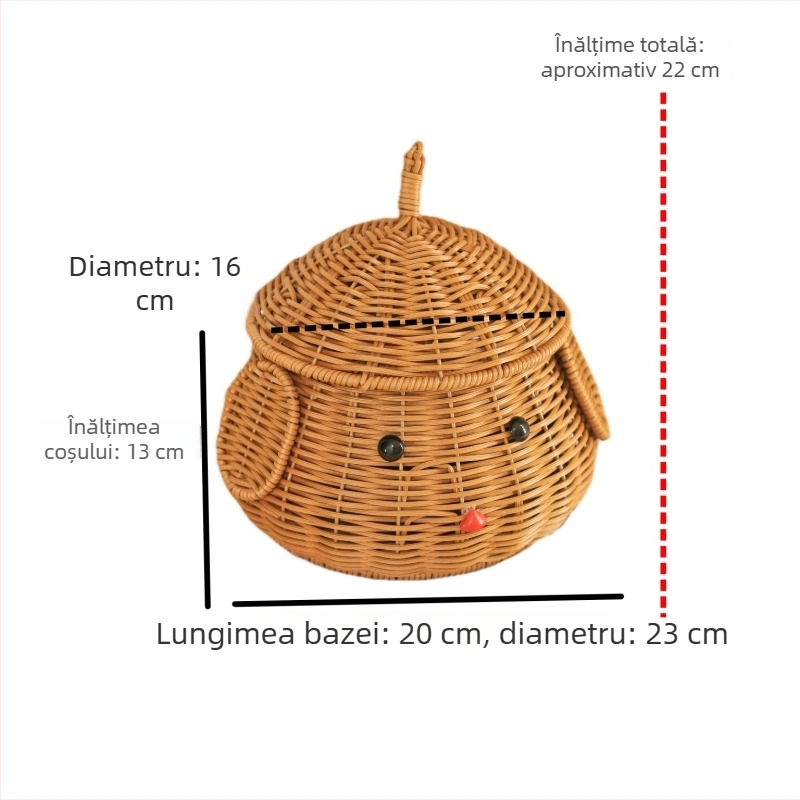 Coș de depozitare pentru birou cu capac, din ratan imitativ – design Pudding Dog, organizator manual pentru fructe și gustări
