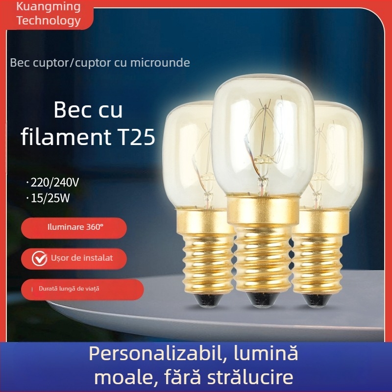 Lampa Edison T25 cu filament de wolfram, 15W, sferică, retro, bază E14S, pentru cuptor cu microunde