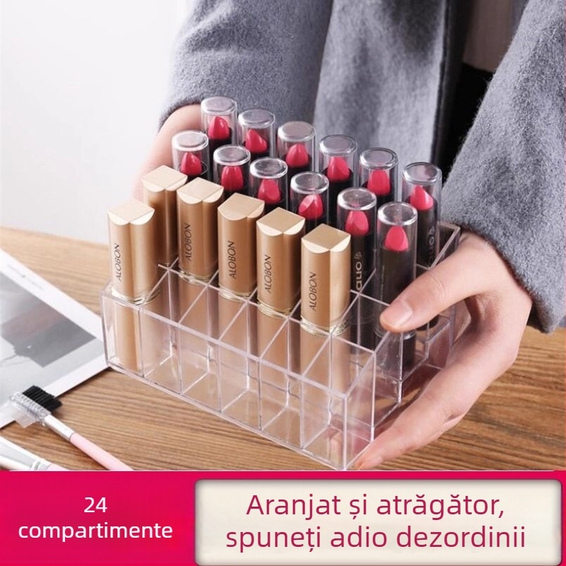 Raft de machiaj transparent, trapezoidal, cu 24 compartimente pentru ruj – expunere și organizare acasă