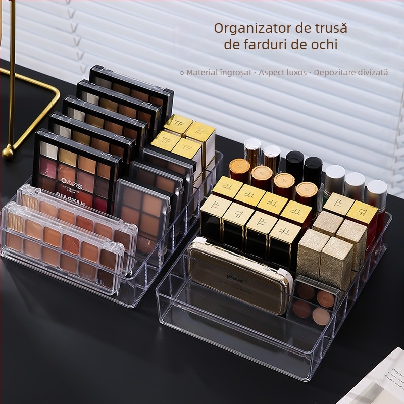 Organizator transparent din plastic pentru machiaj, de birou, cu compartimente separate pentru palete de fard, ruj, pudră și blush