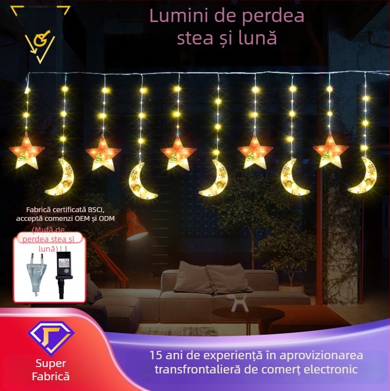 Lumină‑curtain LED cu stele și lună, opt funcții, decor de Crăciun pentru cameră și curte, personalizabilă