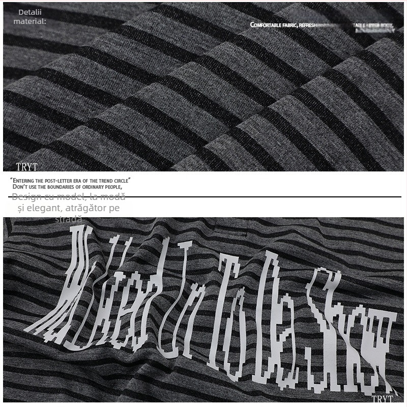 Tricou polo în dungă cu guler negru și design în culori contrastante, imprimare în stil pixel, streetwear urban pentru bărbați, mâneci scurte