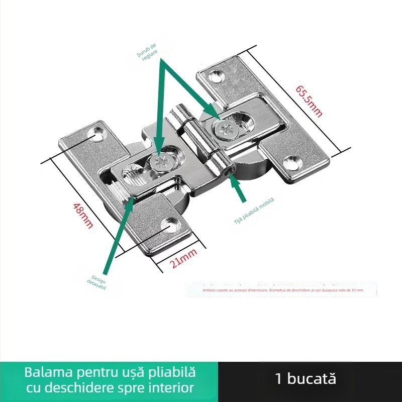 Balama pentru ușă cu două cupe, pliabilă, închidere plată la 180°, pentru dulapuri cu uși glisante