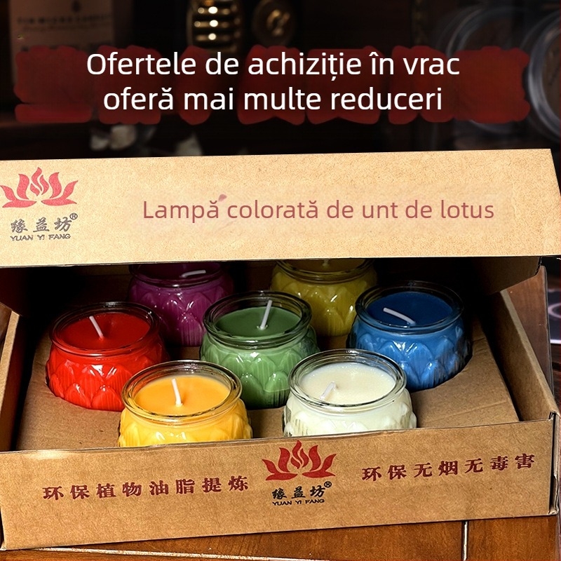 Lampă colorată de lotus din sticlă pentru închinarea Buddha, gură plată, ardere de 24 de ore, dimensiune mare, grosime, pentru uz casnic și festivaluri la templu.