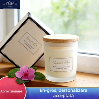 Ceașcă de aromaterapie din sticlă cu capac din lemn, lumânare din ceară de soia