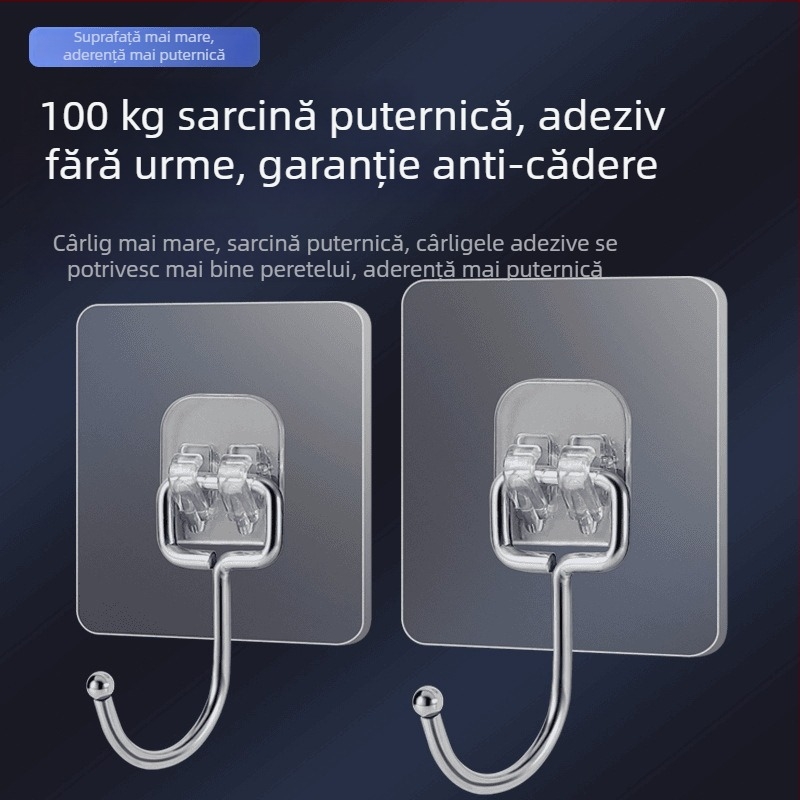 Set de 10 cârlige adezive mari, fără găuri, pentru uși și pereți, oțel inoxidabil, încărcare 1–3 kg