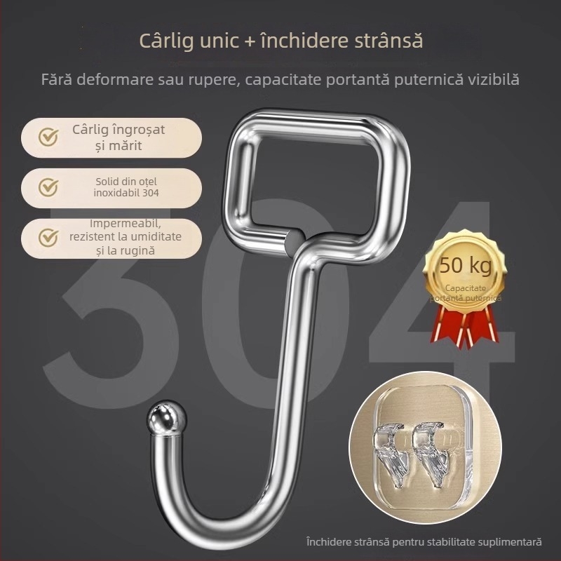Set de 10 cârlige adezive mari, fără găuri, pentru uși și pereți, oțel inoxidabil, încărcare 1–3 kg