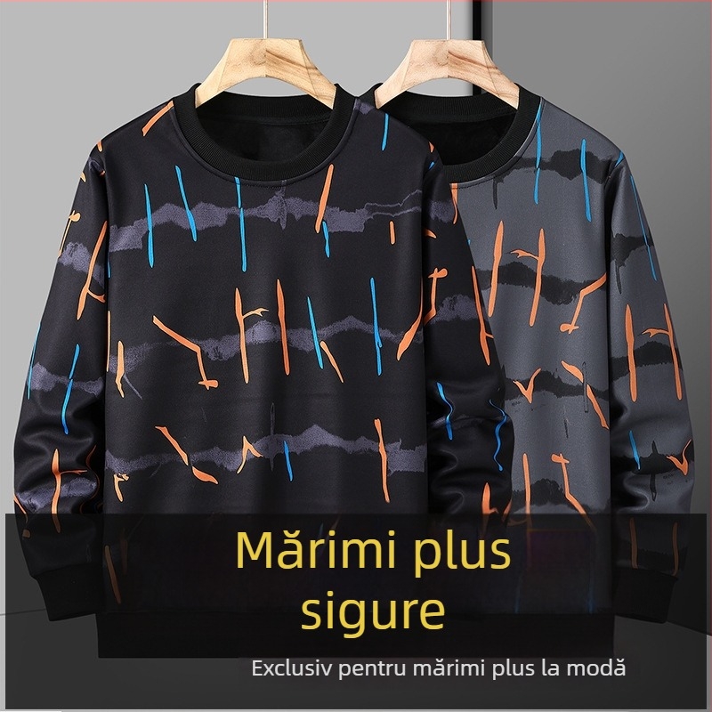 Pulover bărbătesc cu dungi colorate, guler rotund, căptușit cu fleece, gros, croială lejeră, plus size, iarnă cald