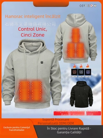 Hanorac încălzit USB pentru bărbați, 5 zone de încălzire, poliester, glugă, croială Slim
