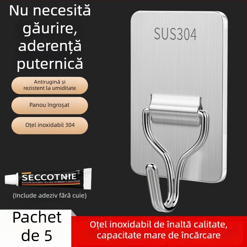 Set de 5 cârlige din oțel inoxidabil, cu bandă adezivă, fără găuri, pentru pereți de bucătărie și baie