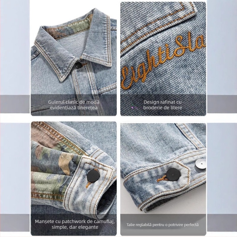 Geacă denim pentru bărbați, stil american, toamnă, croială lejeră, casual, design color-block