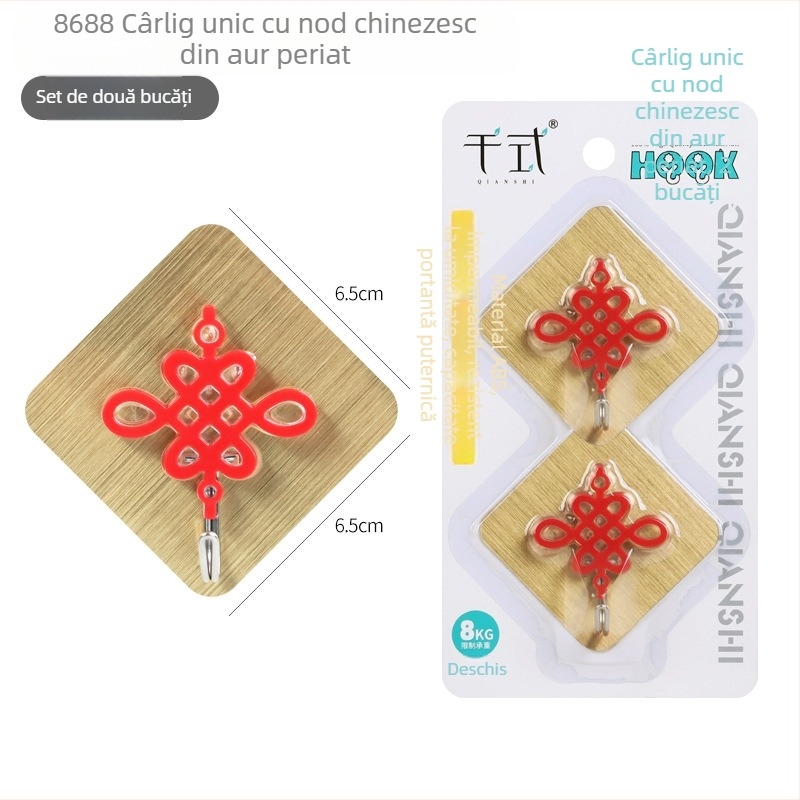 Thousand Style 8688 Auriu periat cu nod chinezesc – cârlig adeziv, fără cuie, roșu festiv, 2 buc.