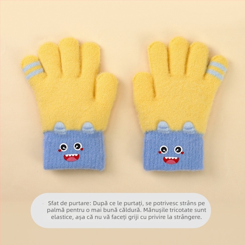 Mănuși pentru copii cu cinci degete, călduroase, tricotate, cu design desen animat, pentru toamnă-iarnă, elasticitate ridicată