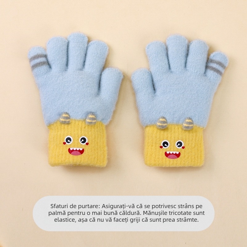 Mănuși pentru copii cu cinci degete, călduroase, tricotate, cu design desen animat, pentru toamnă-iarnă, elasticitate ridicată