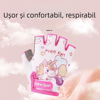 Mănuși de vară pentru copii, cu degete jumătate, model cu desene animate, material ice-silk ușor, antiderapante, pentru fitness, skateboard, role și ciclism