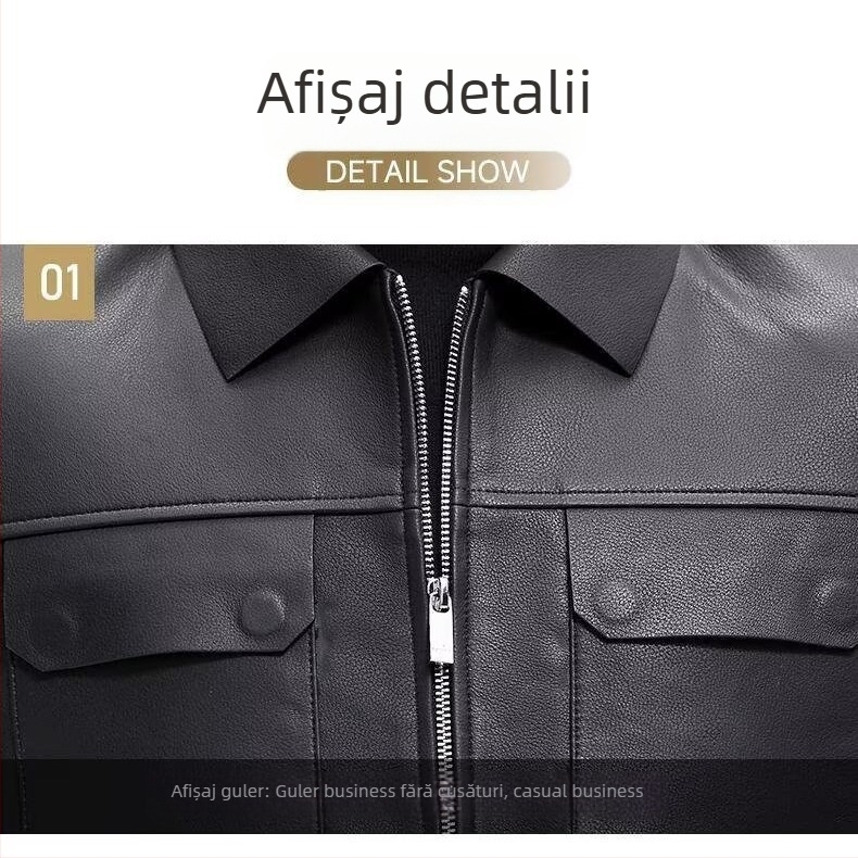 Geacă din PU piele pentru bărbați, cu rever, stil business, fermoar, în nuanțe camel sau negru