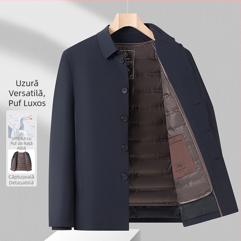 Geacă de iarnă pentru bărbați, cu rever, umplutură din puf de rață alb, stil business casual, căptușeală interioară detașabilă, groasă
