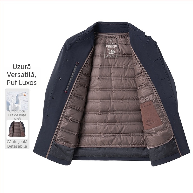 Geacă de iarnă pentru bărbați, cu rever, umplutură din puf de rață alb, stil business casual, căptușeală interioară detașabilă, groasă