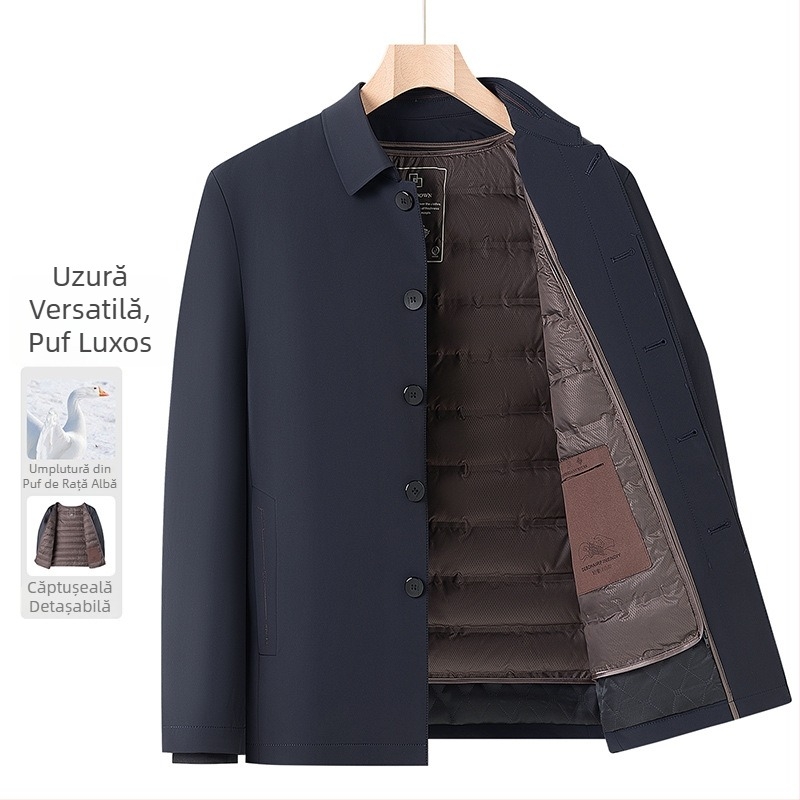 Geacă de iarnă pentru bărbați, cu rever, umplutură din puf de rață alb, stil business casual, căptușeală interioară detașabilă, groasă