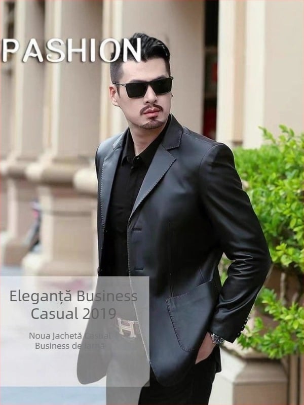 Jachetă din PU pentru bărbați, stil business casual, croială relaxată, guler de sacou, închidere cu nasturi, buzunare patch 3D, tiv rotund
